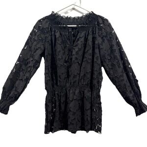 Black Sheer Smocked Blouse Romantic Floral Mesh Top Medium Evening Dark Academia